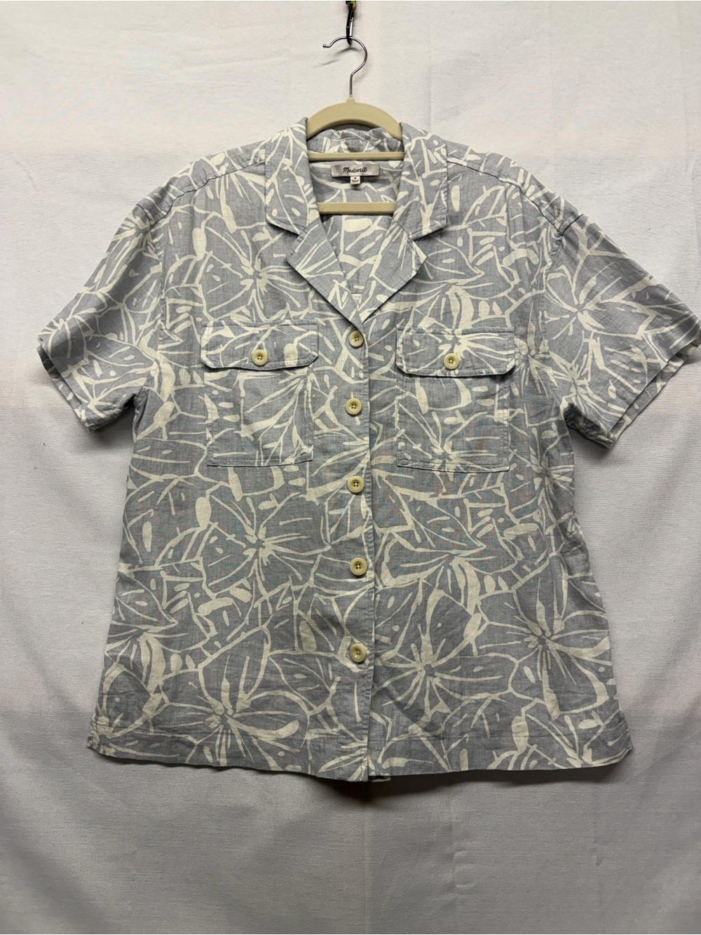 Madewell Light Gray‎ & Cream Short-Sleeve Floral Button-Down Shirt M